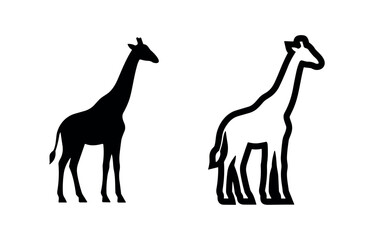 Fototapeta premium Simple silhouette and outline icons of a giraffe, white background