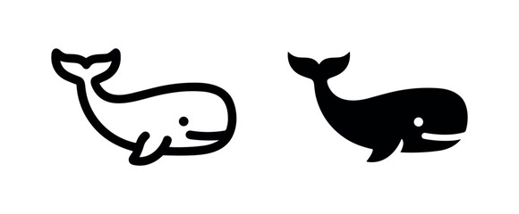 Cute cartoon whale icon set in outline and solid style. © liubomir118809