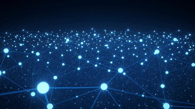 Abstract technology background with glowing blue nodes representing a digital network, big data, artificial intelligence, and global communication infrastructure
