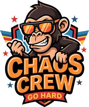 Cartoon monkey wearing sunglasses with energetic expression and bold text logo