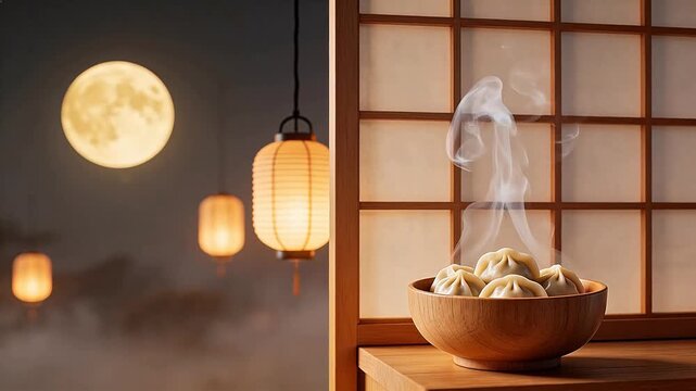Steaming dumplings in bowl by window