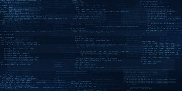 Blue programming code background. Dark blue digital background with layered code, scripts and software syntax for cybersecurity, development, AI and cloud computing. Vector backdrop.