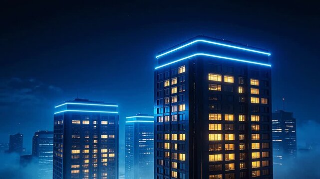 Nighttime cityscape with illuminated skyscrapers