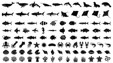 Fototapeta premium Comprehensive collection of diverse marine life silhouettes.