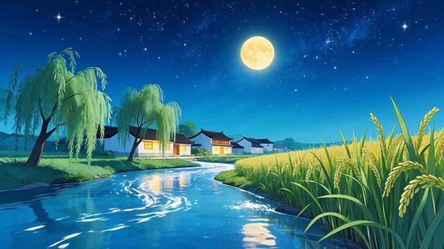 Rural night scene with moon river and houses