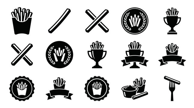 Collection of black and white french fries icons and emblems.