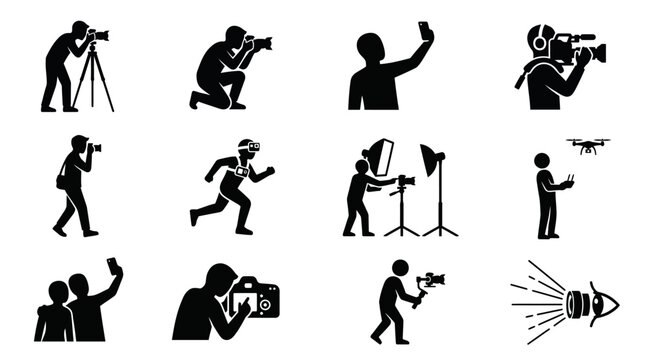 Collection of photographer and videographer silhouettes capturing various moments and scenes.