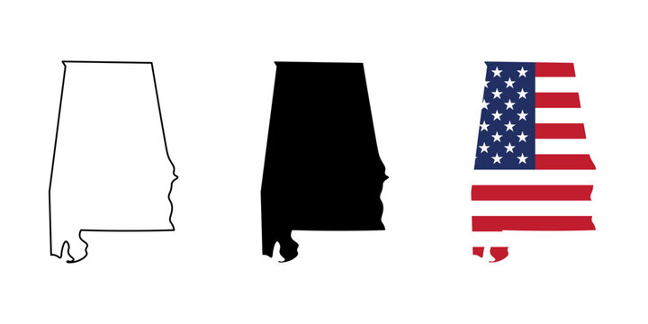 Alabama state outline, silhouette and American flag icon set