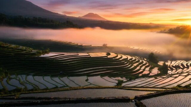 Mist rolls over scenic terraced rice fields at sunrise with a volcano and colorful sky