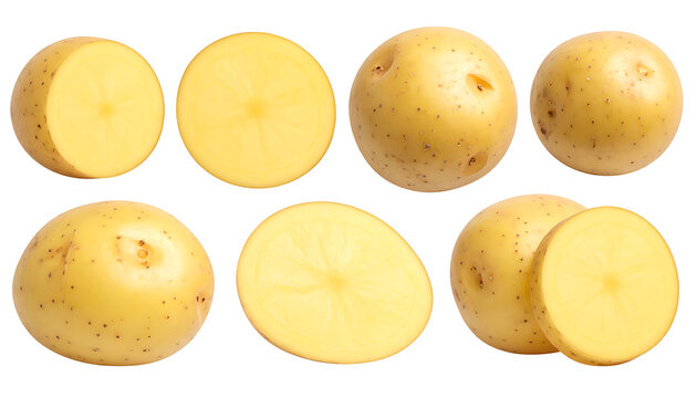 Collection of whole and halved raw potatoes, yellow skin with small brown speckles, isolated on white background, versatile ingredient for cooking and recipes