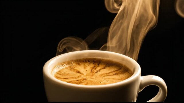 Steam rises and swirls from a hot cup of coffee with rich crema on a black background