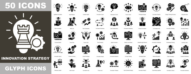 Obraz premium Innovation Strategy icon set, a Glyph style collection. Includes icons for idea, innovation, creativity, bulb, light. The lines are editable. Line icons. Perfect for infographics.