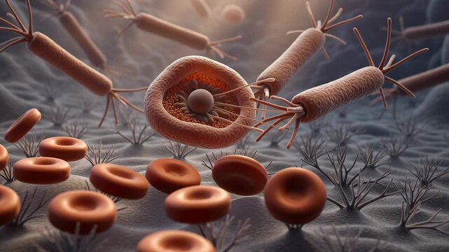 Scientific microscopic animation showing dangerous pathogenic salmonella bacteria entering a human cell with red blood cells floating in the bloodstream, illustrating an infection