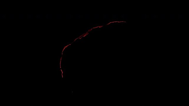 Thin upper-left circular burn contour with fragmented glowing embers and smoldering edges, isolated on black for transitions, masks and VFX compositing.