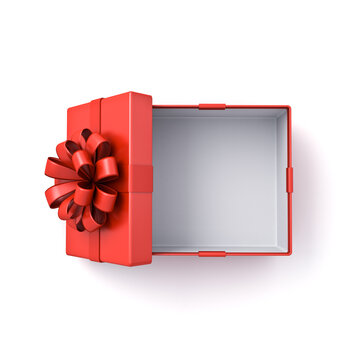 Blank red gift box open or top view of red present box tied with red ribbon bow isolated on white background with shadow minimal conceptual 3D rendering