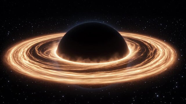 Supermassive black hole twisting spacetime with its immense gravitational pull, pulling in the surrounding accretion disk made of glowing hot gas and plasma