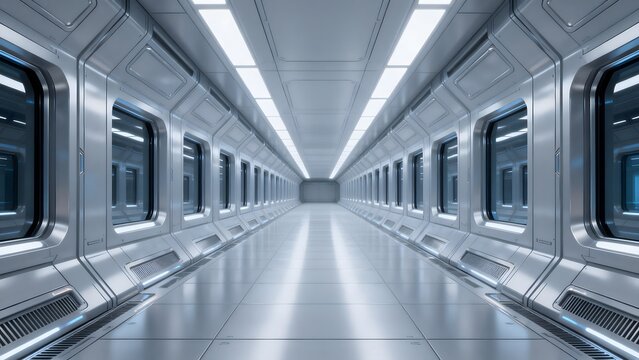 Long corridor with metallic walls and windows