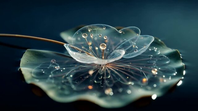Delicate water lily with droplets on serene water surface