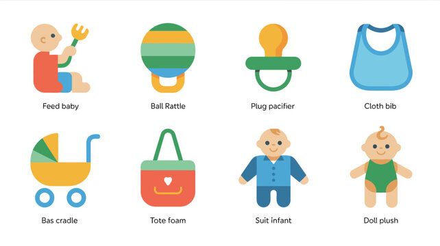 Colorful baby icons set on white background.