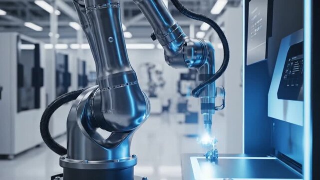 Industrial robotic arm performing precision assembly in a futuristic clean room factory with cool blue ambient lighting