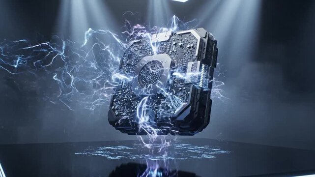 Futuristic electronic circuit cube floating with electric lightning sparks and glowing blue energy on dark background