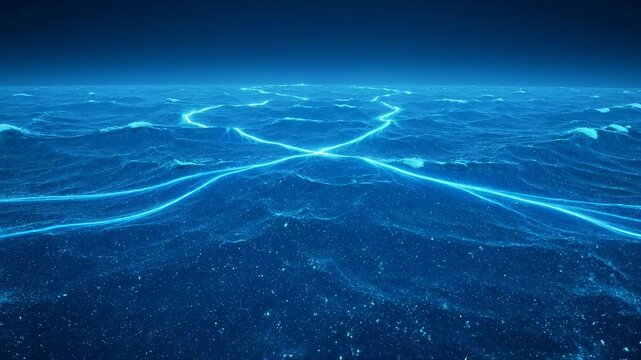 Bioluminescent phytoplankton glowing in a dark blue ocean with majestic waves and sparkling plankton creating a magical and mesmerizing natural display of light