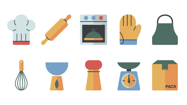 Illustrated collection of kitchen and cooking items.