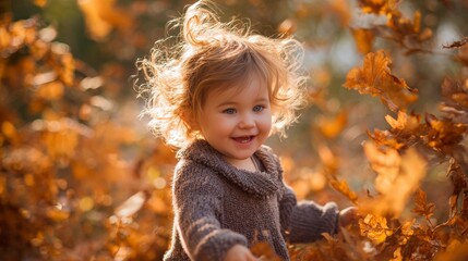 Fototapeta premium Adorable toddler girl playing among glowing autumn leaves in warm sunlight, celebrating fall childhood joy and seasonal family lifestyle.