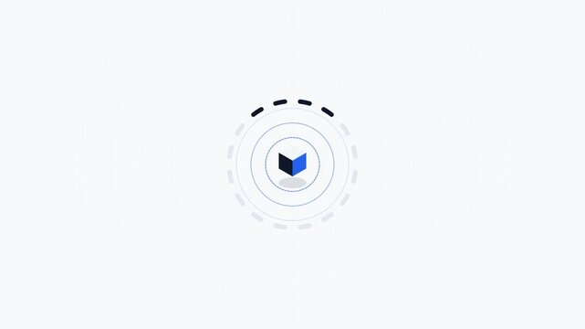 Minimalist loading animation with rotating dashed circle and blue cube logo.