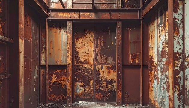 Lift Car Rusted Frame. Industrial Decay Inside an Abandoned Elevator Shaft With Vibrant Rust Colors and Peeling Paint Highlighting Neglect