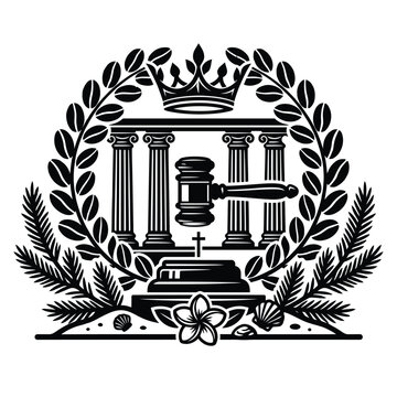 Law and justice emblem vector illustration featuring a judge gavel, courthouse pillars, laurel wreath, and a crown. Black and white legal symbol.