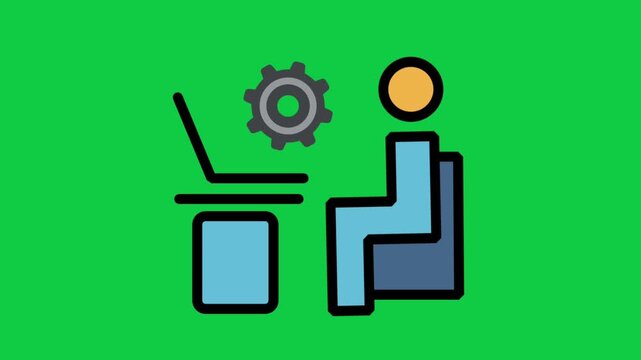 Animated icon of a businesswoman working at a laptop desk with a spinning gear cogwheel symbol above representing processing.