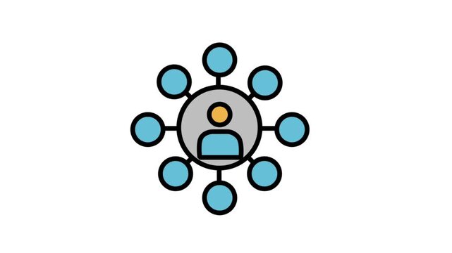 Motion graphic icon displaying a global community network node structure chart connecting multiple points around a single human avatar.