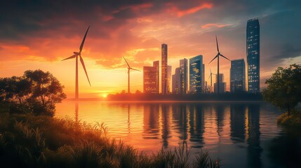 Obraz premium Futuristic eco-friendly cityscape at sunset showcasing innovative architecture with wind turbines and solar panels near a serene water body