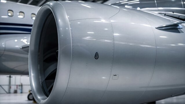 Streamlined outer shell of aircraft engine nacelle reflecting hangar lights.