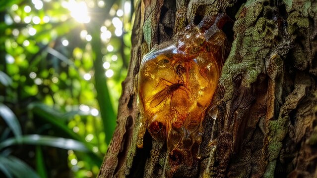 Golden amber copal resin trapped in tree bark containing a preserved insect.