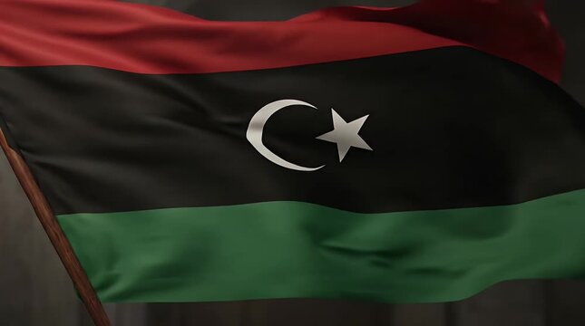 Libyan Flag Waving in a Dark, Dramatic Setting