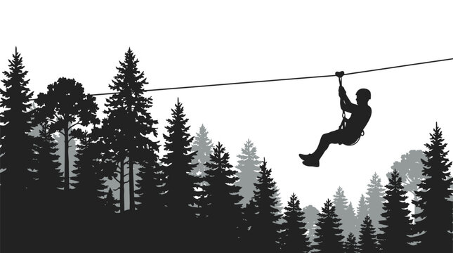Black silhouette of an adventurous person riding a high zip line above a dense forest