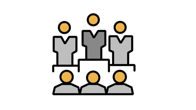 Animated flat icon of a large corporate team audience or employee group sitting in rows during a business presentation.