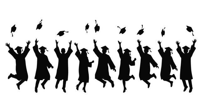 Happy group of students in graduation gowns jumping high while throwing their black caps upwards