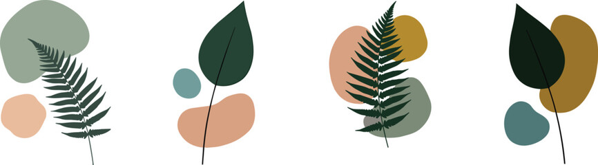 Minimalist botanical wall art vector set featuring elegant tropical fern leaves and abstract organic shapes on white background © IconicCreations