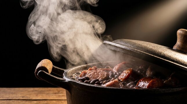 A steaming pot of food, likely a stew or beans, sits on a wooden surface, with steam rising dramatically from the partially opened lid