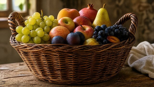 A tightly woven osier basket filled with fresh fruits, natural texture of willow.