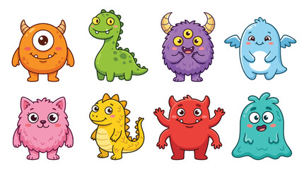 Fototapeta premium Set of eight colorful cute monsters showing various funny expressions and different unique cartoon body shapes