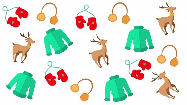 Festive winterthemed pattern icons depicting red mittens, green sweaters, brown reindeer, and yellow earmuffs, ideal for holiday designs.