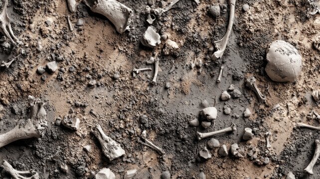 Earthy surface with sporadic bones and twigs. AI generated
