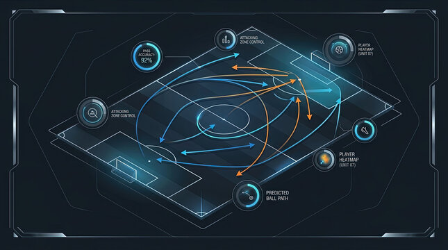 Digital soccer strategy visualization board with futuristic tactical player movement paths and performance analytics data monitoring interface