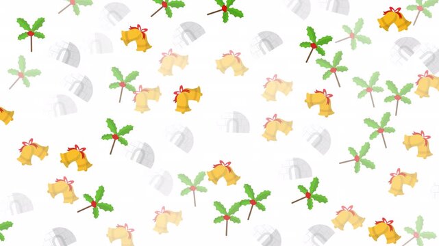 Golden festive bells, green palm trees, holiday mugs, confetti pattern. Suitable for invitations, social media graphics, festive designs.
