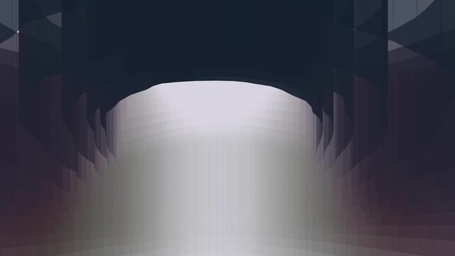 Abstract 3D geometric tunnel with a bright glowing portal. Dark futuristic digital background with a pixelated light gradient