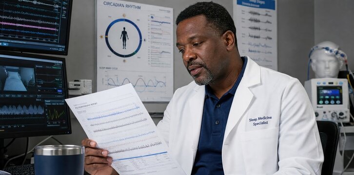 Generative AI, Black male sleep medicine specialist reviewing polysomnography report